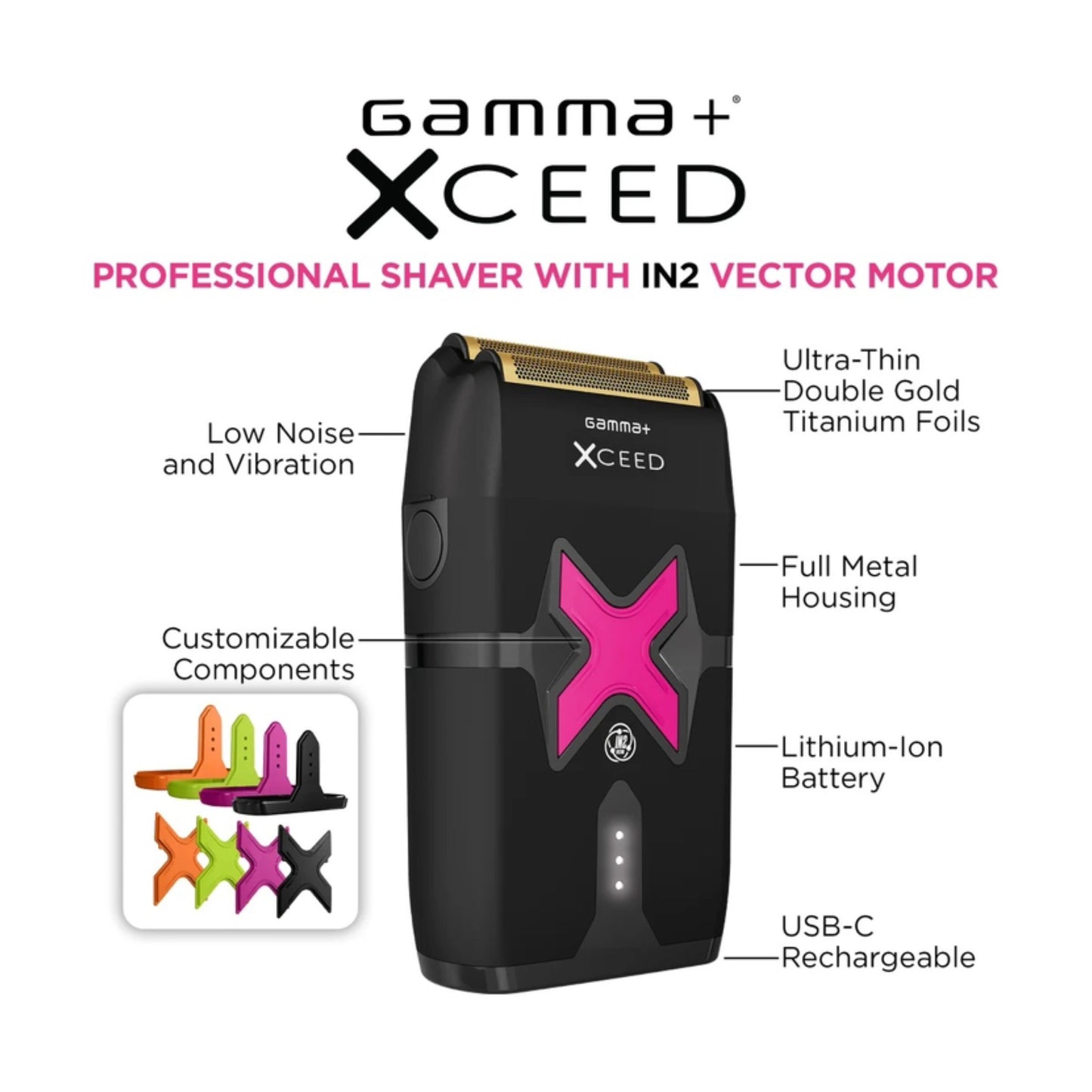 Gamma+ XCEED professional shaver with labeled features and a small inset showing customizable component attachments, on a white background.
