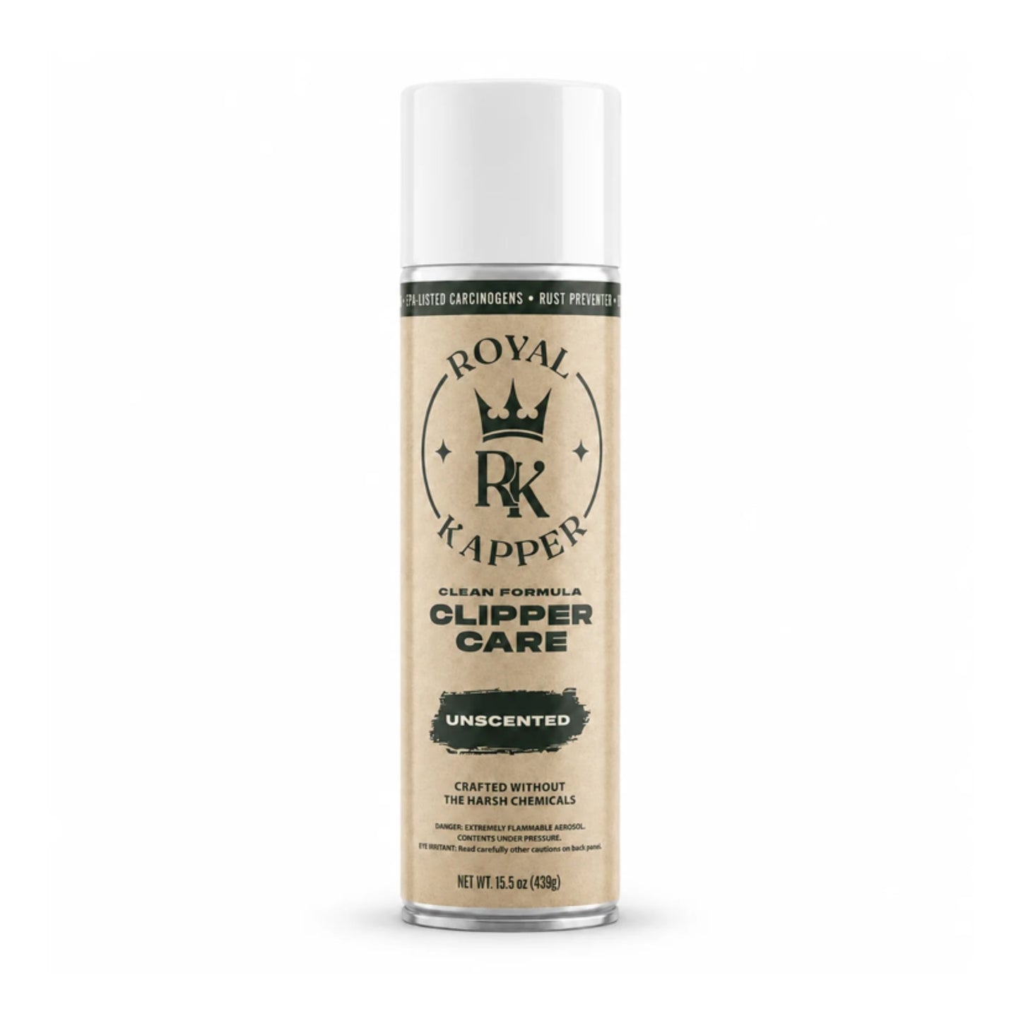 A can of Royal Kapper Clipper Care Unscented hair product on a clean white background.
