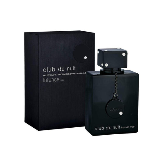 Club de Nuit Intense Men cologne bottle and its black packaging box, featuring a matte black finish with white text and silver accents.