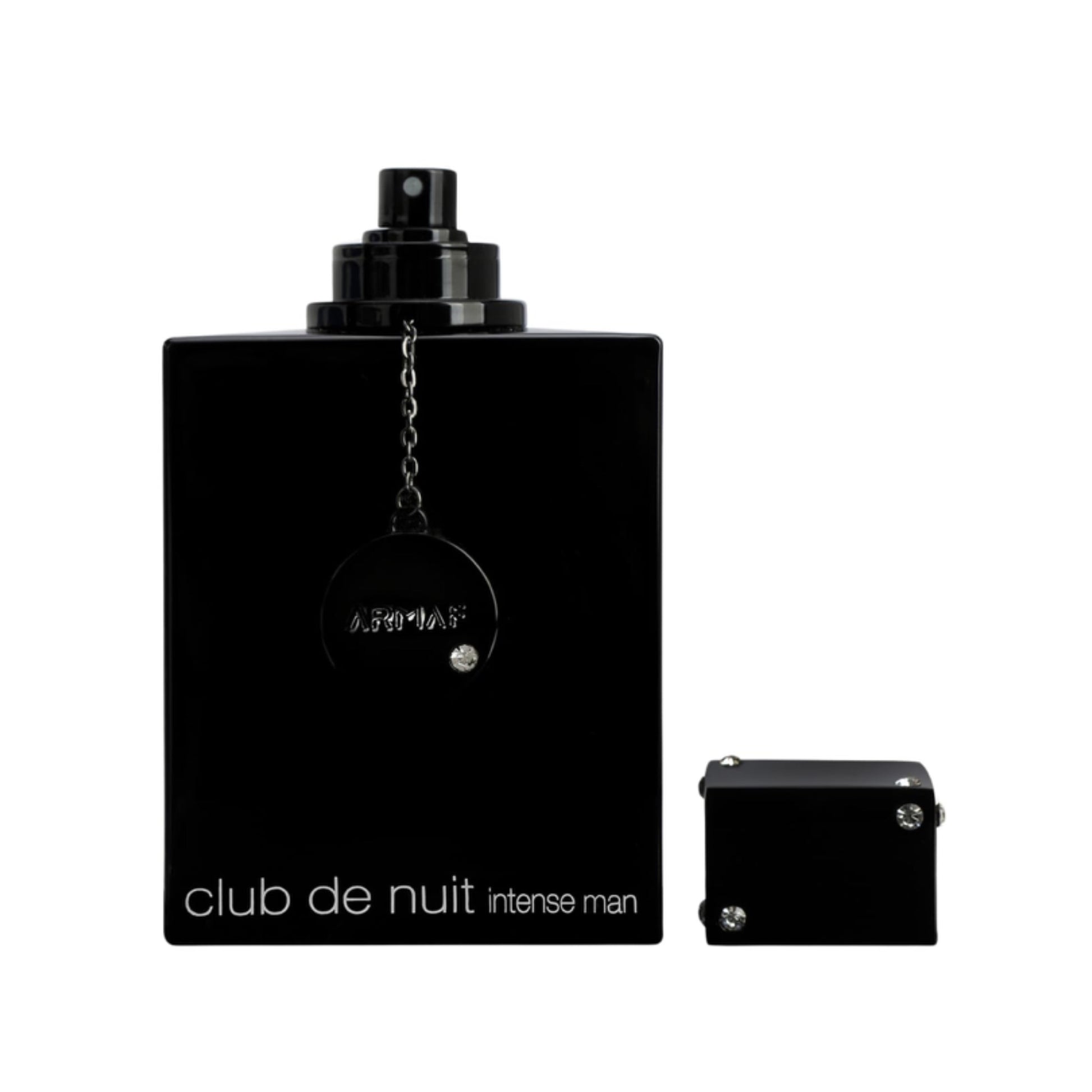 Club de Nuit Intense Man cologne bottle in matte black with a matching cap placed beside it on a plain white background.