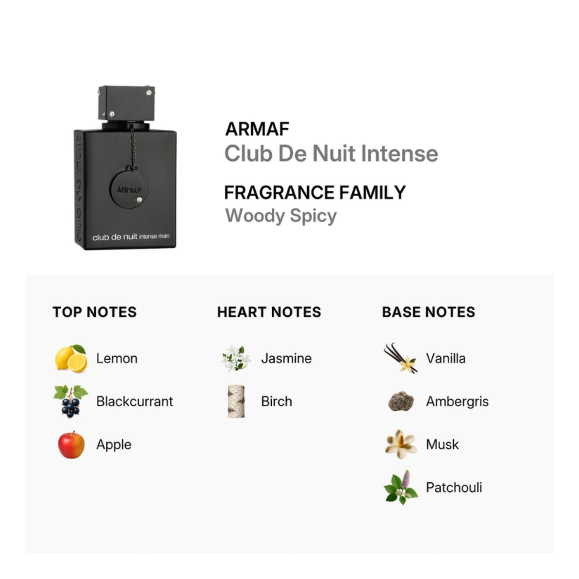Fragrance family information graphic for ARMAF Club De Nuit Intense. The image shows a black rectangular perfume bottle on the left, with text on the right reading 'ARMAF Club De Nuit Intense' and 'Fragrance Family Woody Spicy'.