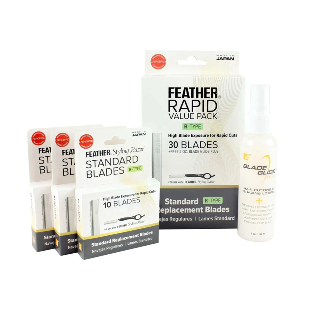Feather Rapid Value Pack styling razor replacement blades set, including a large 30-blade pack, a 10-blade pack, three individual blade packs, and a white spray bottle on a plain white background.