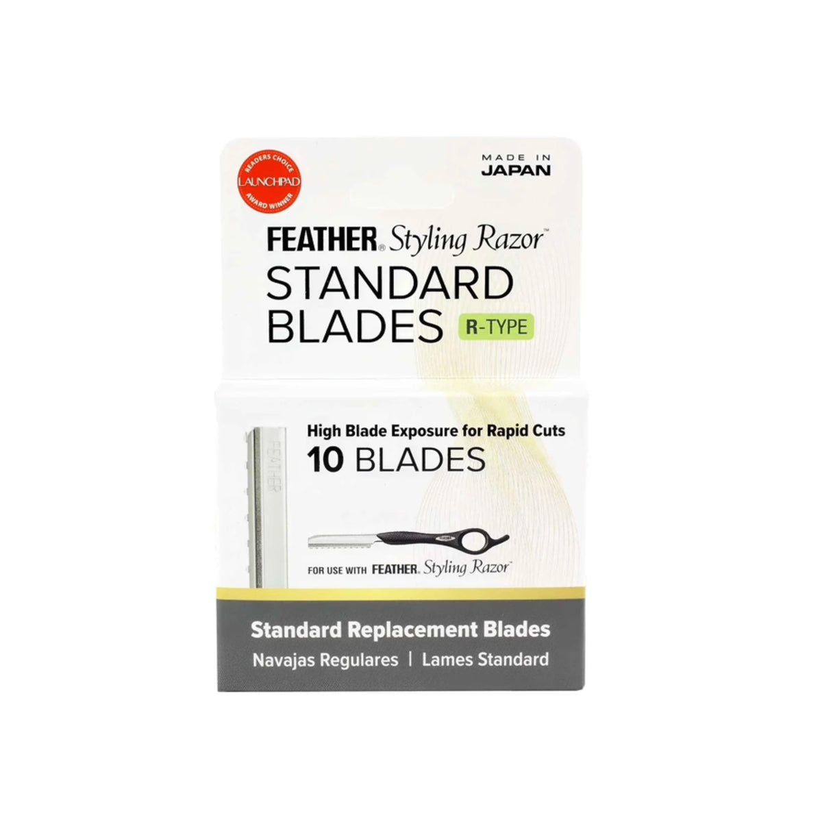 Feather Styling Razor Standard Blades R-Type 10-pack replacement razor blades in retail packaging, shown on a plain white background.