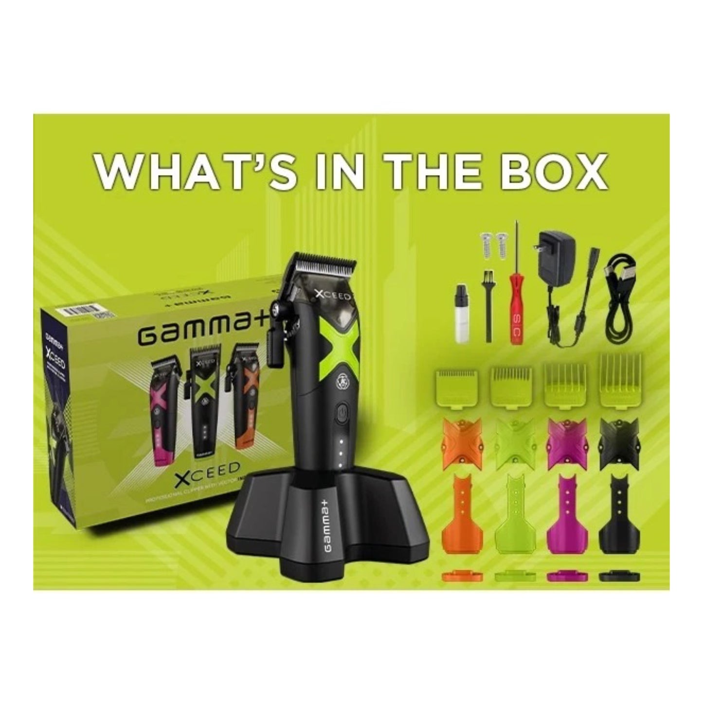 Xceed+ Gamma+ professional hair clipper set shown with its retail box, charging stand, accessories, and multiple attachment combs on a bright lime green background with the text 'WHAT'S IN THE BOX'.