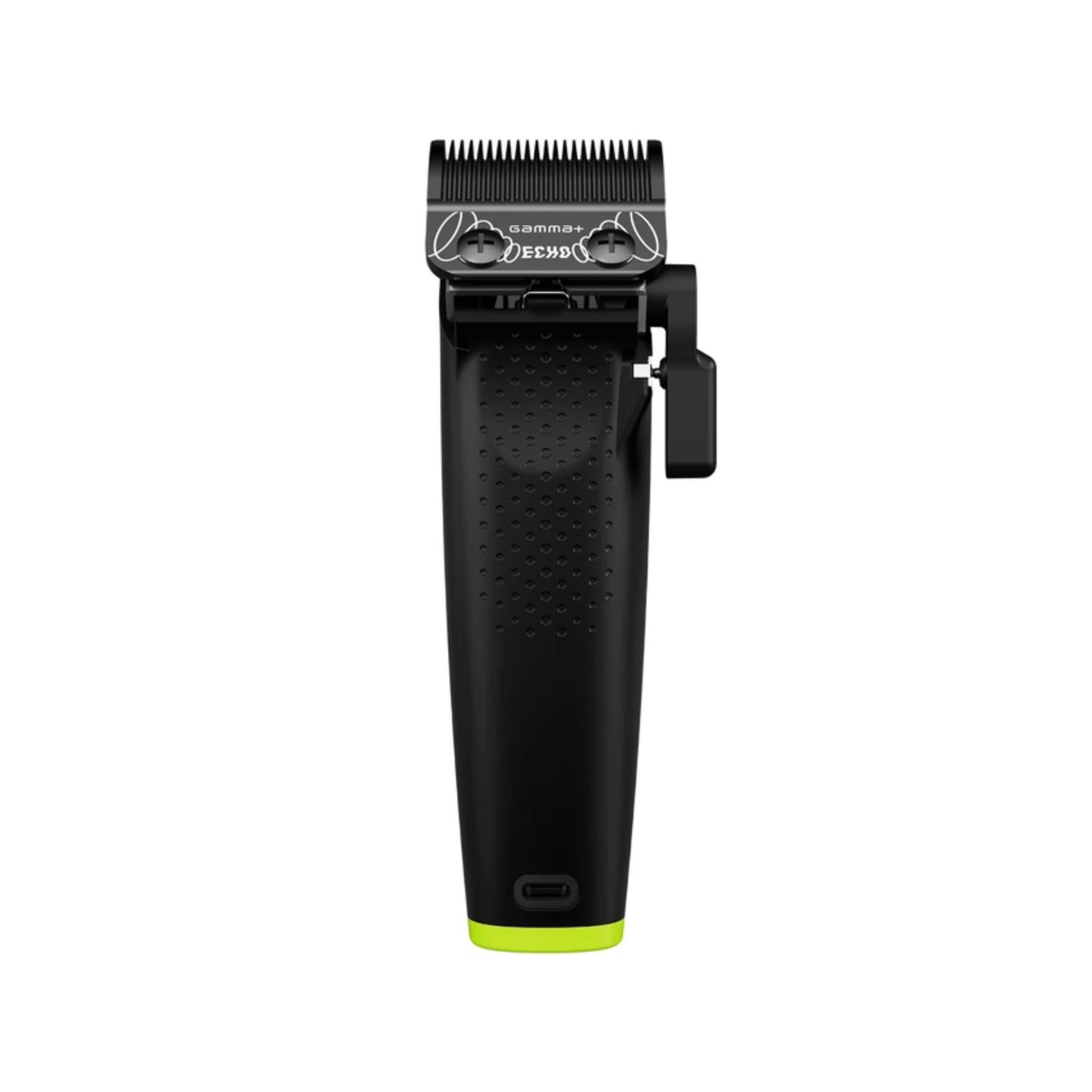 A black grooming clipper with a bright lime green accent at the base, shown against a plain white background.