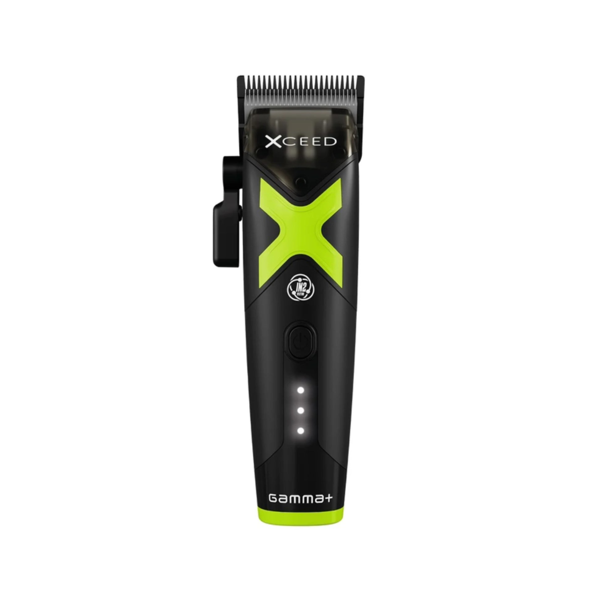 Black Xceed Gamma+ cordless hair clippers with a bright lime green accent design on the handle, shown against a solid white background.