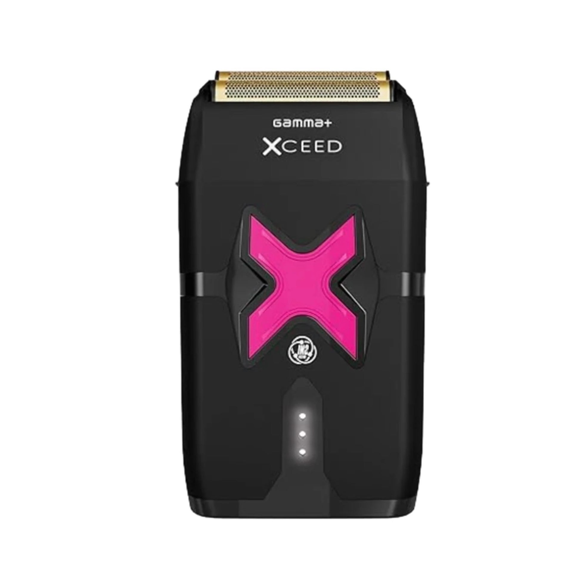A black XCEED Gamma+ electric shaver with a prominent pink 'X' logo on the front, a gold-toned metallic shaving head, and three LED indicator lights on the lower front, shown against a plain white background.
