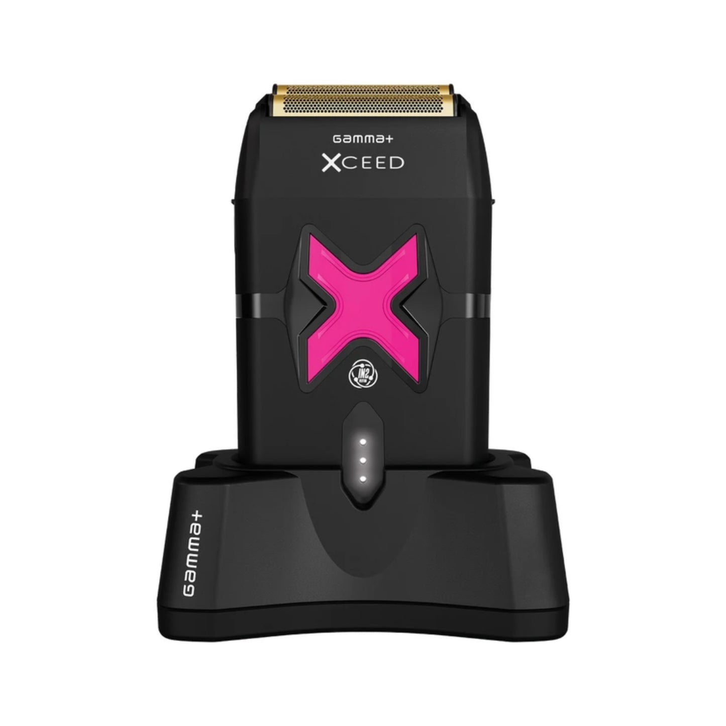 A black Xceed+ Gama+ electric shaver with a prominent pink 'X' logo, shown standing on its matching black charging dock against a solid white background.