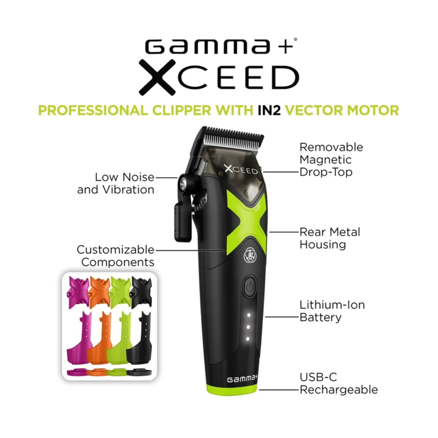 Gamma+ Xceed professional clipper shown on a white background with callout labels pointing to features such as low noise and vibration, removable magnetic drop-top, rear metal housing, customizable components, lithium-ion battery, and USB-C rechargeable. A small inset shows the clipper in several color options.