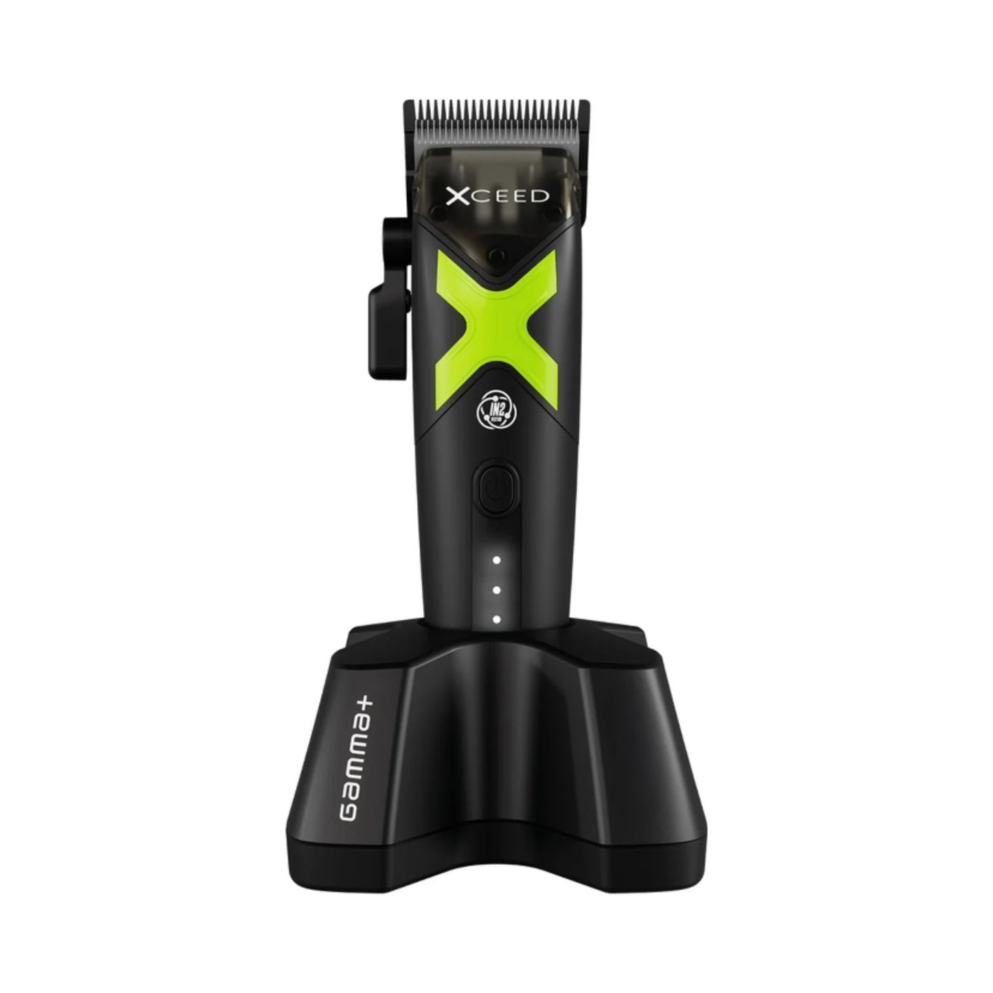 A black X-Geed cordless hair clipper standing upright on its black charging dock against a solid white background.