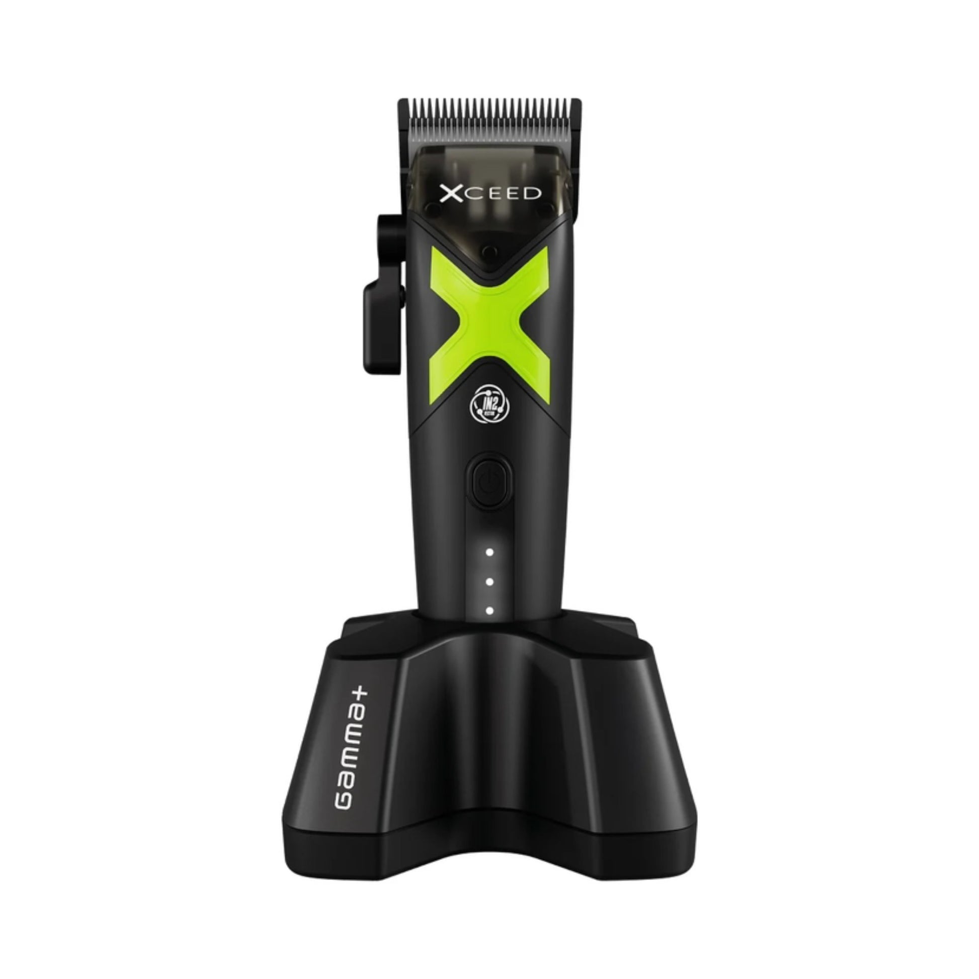 A black X-Geed cordless hair clipper standing upright on its black charging dock against a solid white background.