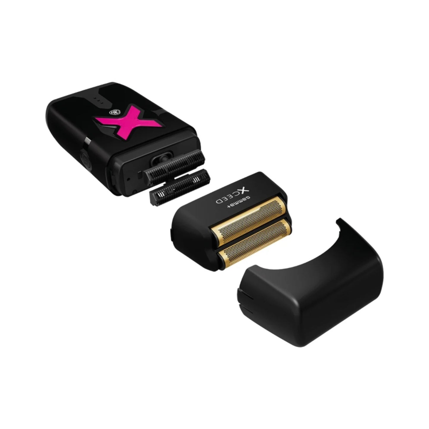 Black Xceed electric shaver head with gold-toned blades, shown disassembled with the black body and protective cover on a plain white background.