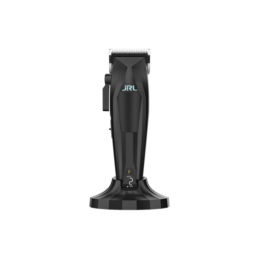 Black cordless electric hair clippers with a matching charging stand, featuring the JRL brand logo in light blue on the handle, set against a plain white background.