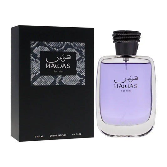 A bottle of Hawas For Him Eau De Parfum with light purple liquid inside a clear glass bottle, shown next to its black packaging box with a snake skin patterned label.