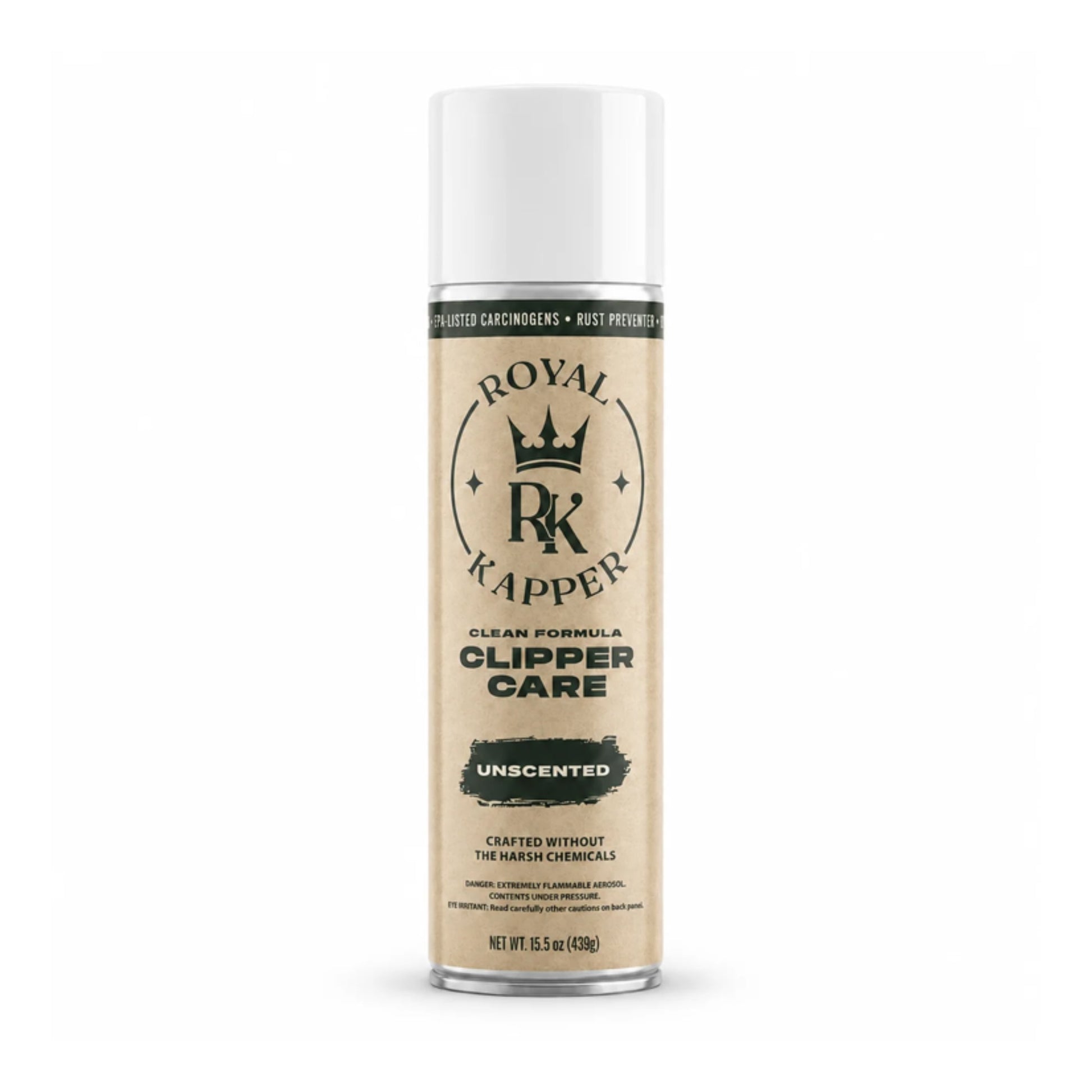 A can of Royal Kapper Clipper Care Unscented hair product on a clean white background.