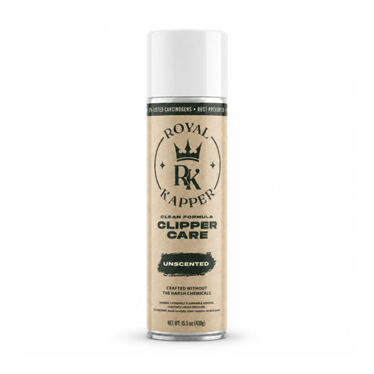 A can of Royal Kapper Clipper Care Unscented hair product on a clean white background.