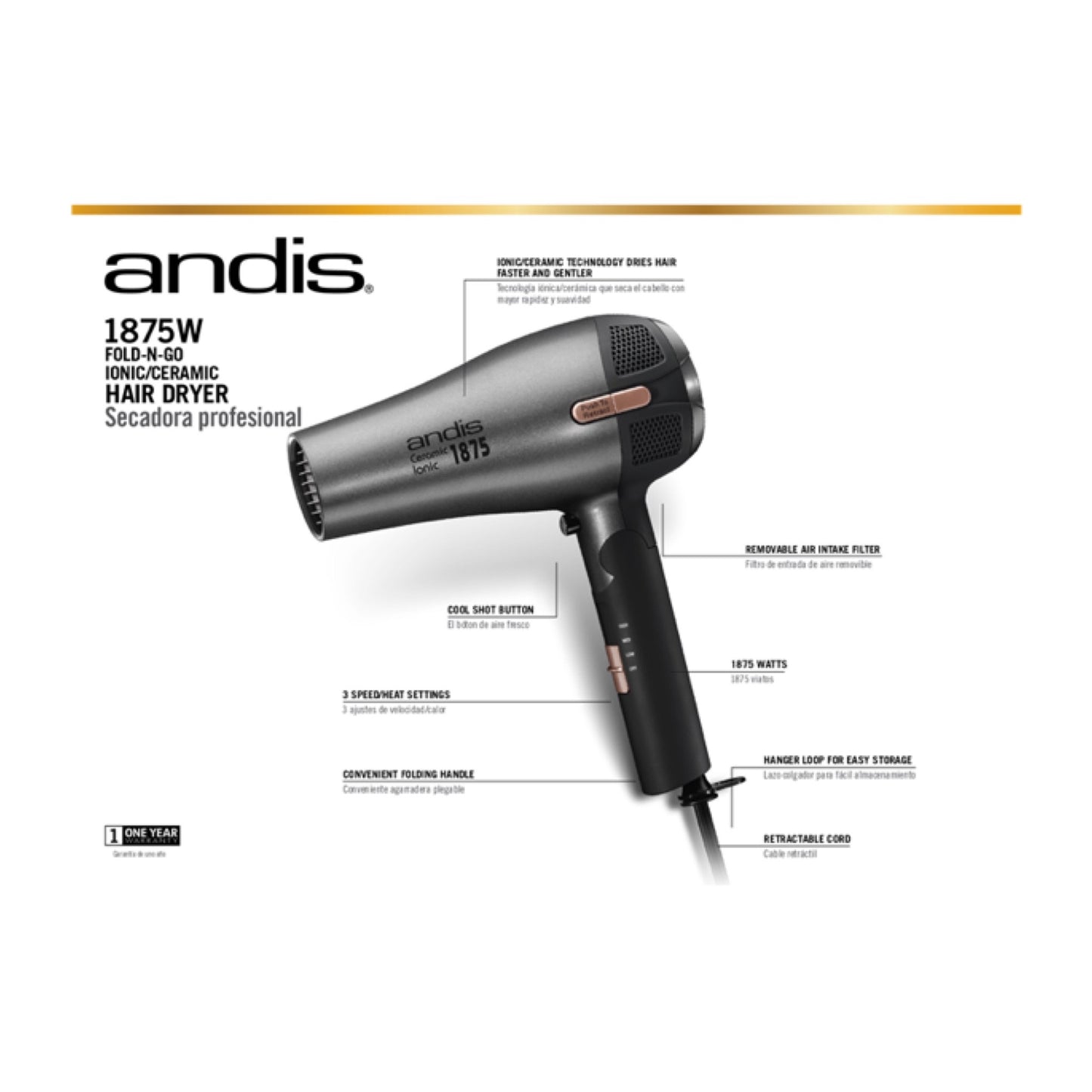 Andis Ceramic Fold N Go Hair Dryer Back Box