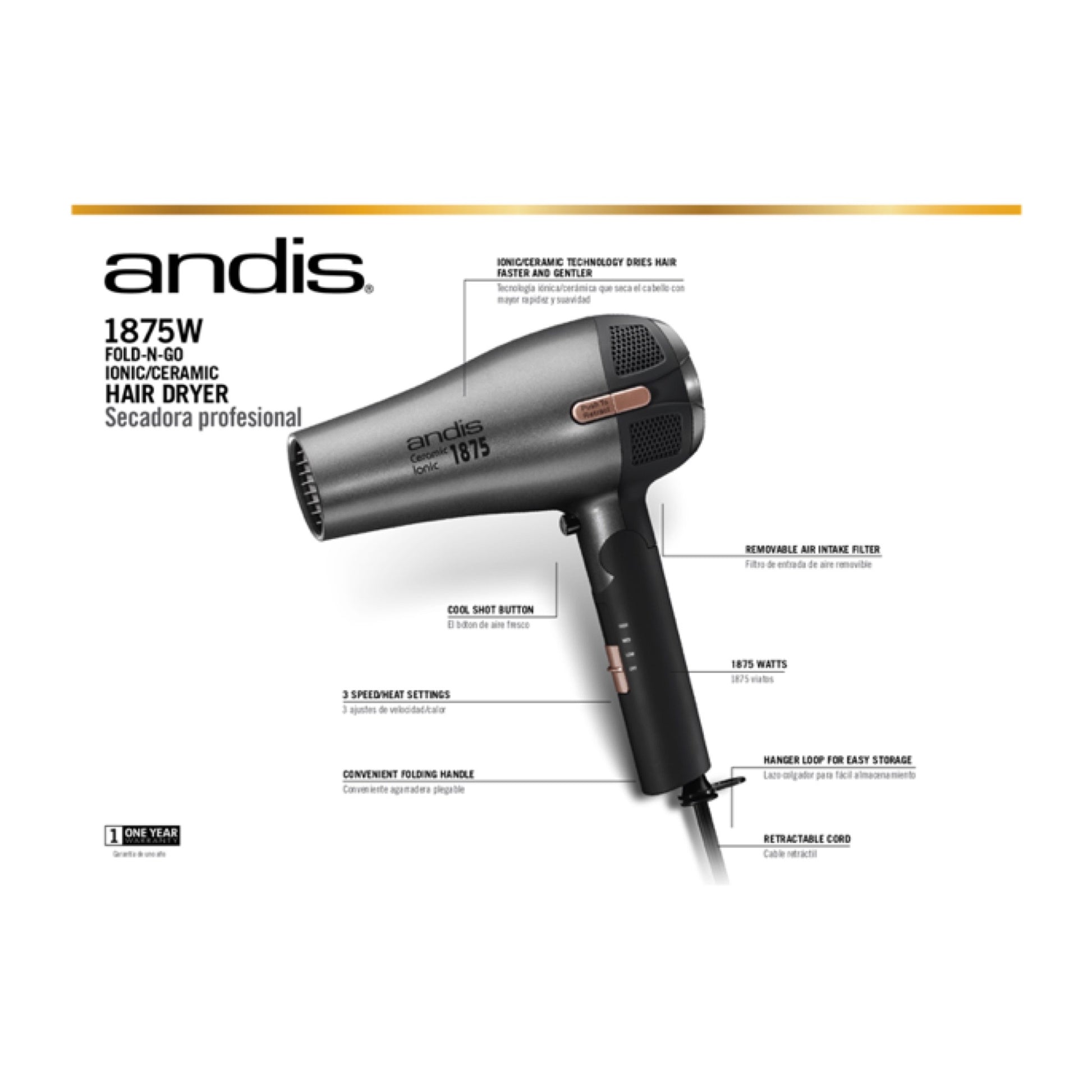 Andis Ceramic Fold N Go Hair Dryer Back Box